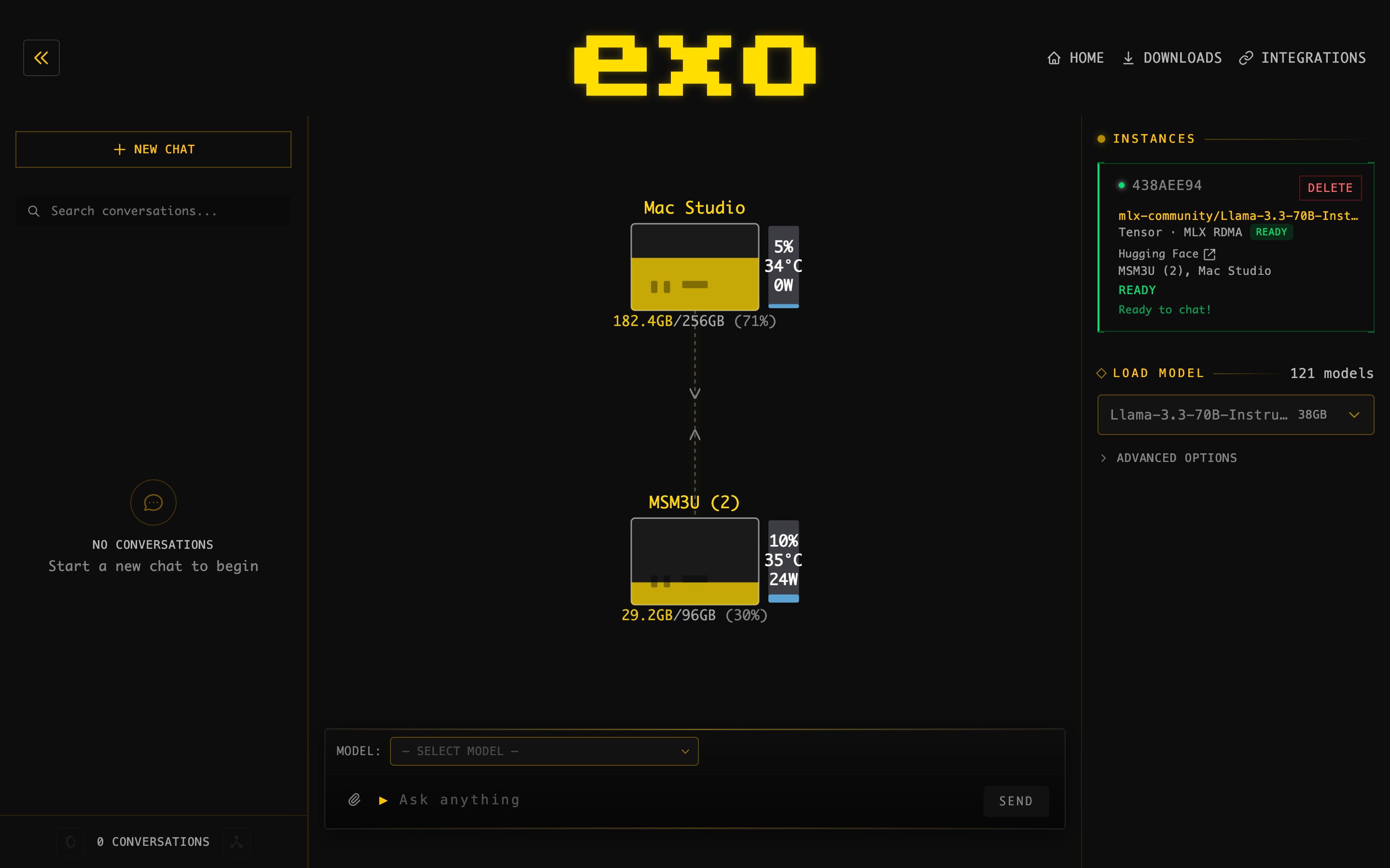 exo dashboard showing the two node cluster with the 70B model ready