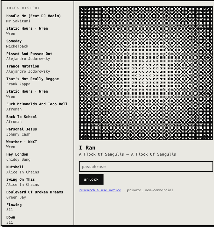KNXT-FM track history showing Wren AI breaks alongside regular music tracks, with the passphrase chat input visible
