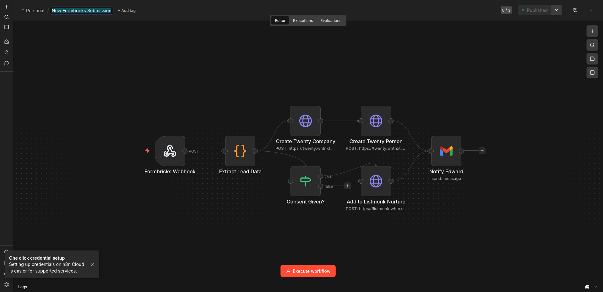 n8n lead intake workflow — Formbricks webhook routes through data extraction, Twenty CRM company and contact creation, Listmonk email opt-in, and Telegram notification