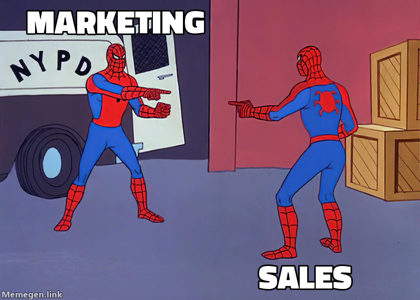 Spider-Man pointing meme labeled Marketing and Sales
